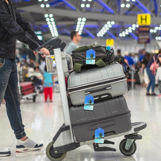 Luggage Tags for Suitcase, 2 Pack PU Leather Travel Cruise Luggage Tag with Privacy Flap, Name ID Label and Metal Loop for Women Men Girls Suitcase Baggage Bag Backpack Instrument, Happy Beach