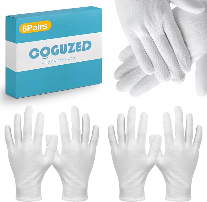CoguZed 6 Pairs White Cotton Gloves for Jewelry & Art Handling - Thin Non-Latex Inspection Gloves for Coin Collecting, Craft Work - Unisex Size