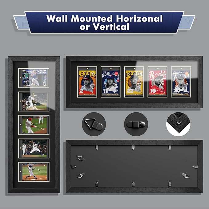 Baseball Card Display Case, Wall Mount Trading Card Display Frame for 5 Standard Cards with UV Protection Magnetic Card Holder, Sports Display Cases for Football Basketball Hockey Card Collection
