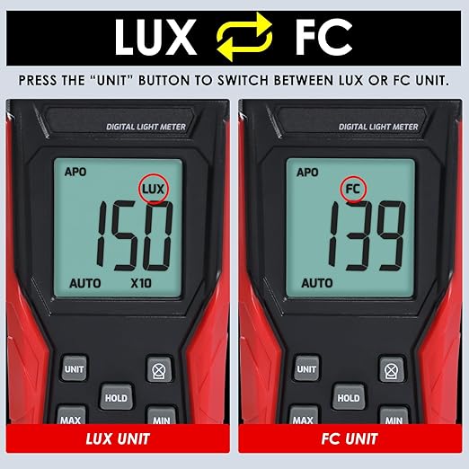 Light Meter Digital Illuminance Lux Meter 0.1~200,000 LUX (0.01~20000FC) with Backlight Luxmeter, Lighting Intensity Brightness Measurement for Indoor Outdoor Plants Film Photography Lumen Meter