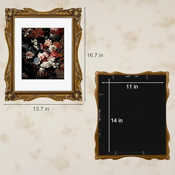 Gold 11x14 Picture Frame Vintage with Mat for 8x10 or 11 x 14 Photos, Real Glass, Ornate Baroque Gothic Victorian Antique Frames for Wall Display