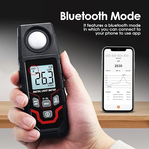 JuviPerpric Light Meter Digital Illuminance Meter, 0.1~200,000 Lux Range Bluetooth Lux Meter with Data Logging and Export, Handheld Light Meter for Plants, Photography and Garden