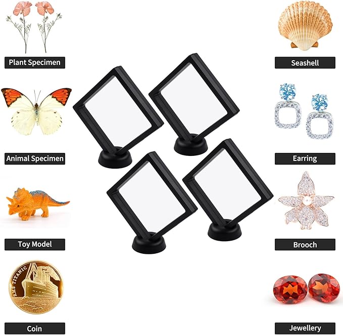 4Pcs 3D Floating Frame Display Holder Stands, Black for Ring Necklace Bracelet Earring Military Challenge Coin, 4.33x4.33 Inch