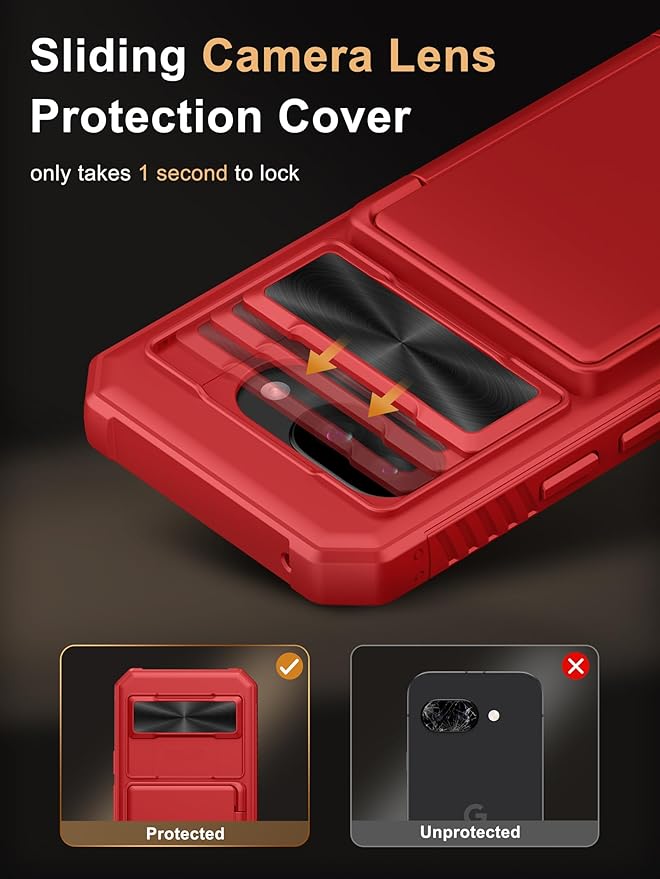 Vihibii for Google Pixel 9a Case with Card Holder (4 Cards), [RFID Blocking] & Slide Camera Cover, Military Grade Drop Protection, Heavy Duty Shockproof Wallet Cover for Google Pixel 9a 2025, Red