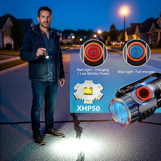 EDC Flashlight, Led Rechargeable Mini Pocket Light with Clip, High Lumens Ultra Bright Compact Flashlights with Magnetic for Camping Hiking Outdoor Emergency Use Waterproof