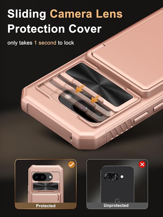 Vihibii for Google Pixel 9a Case Wallet with Card Holder (4 Cards) [RFID Blocking] & Slide Camera Cover & Raised Edges Protect Screen, Shockproof Rugged Phone Cover for Google Pixel 9a 2025, Rose Gold