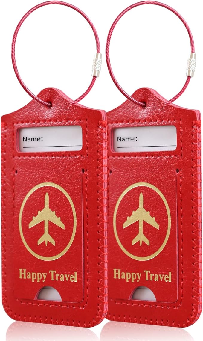 Luggage Tags, ACdream Leather Case Luggage Bag Tags Travel Tags 2 Pieces Set, Red