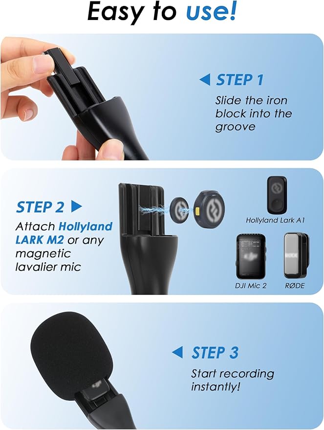 YOUSHARES Handheld Interview Microphone Holder for Hollyland Lark M2 - Iron Magnetic Slide Rail fits Hollyland Lark A1/MAX/150 & Rode/DJI Magnetic Lavalier Wireless Mics