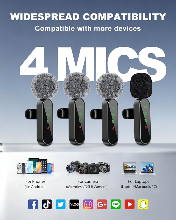 4 Packs Wireless Lavalier Microphone for iPhone/Android/Camera, Upgraded Mini Microphone with Noise Reduction, Mic for Video Recording, Podcasts, YouTube, TikTok, and Vlogging