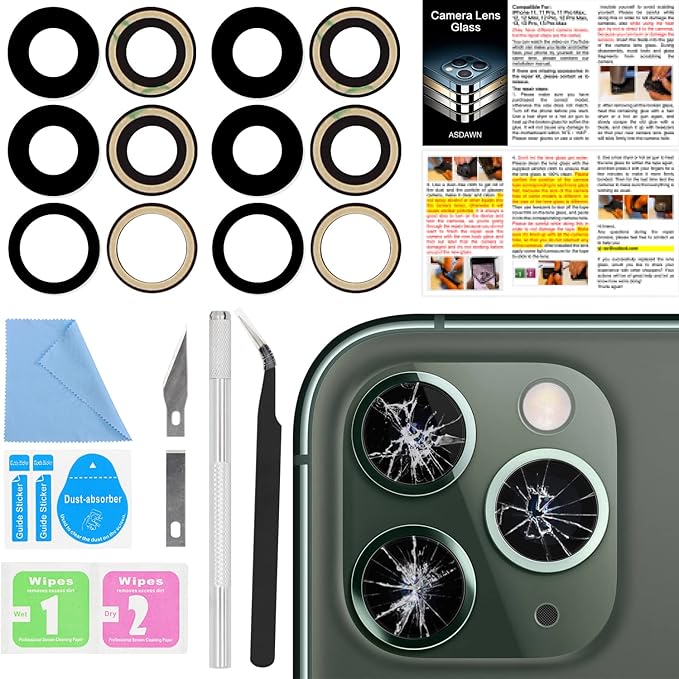 2PCS ASDAWN Back Rear Camera Lens Glass Replacement for iPhone 11 Pro and 11 Pro Max Camera Lens Replacement with Pre-Installed Adhesive + Installation Manual + Repair Tool Kit