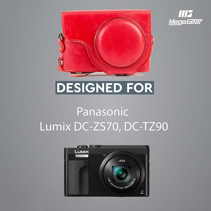MegaGear MG1262 Ever Ready Leather Camera Case compatible with Panasonic Lumix DC-ZS80, DC-ZS70, DC-TZ95, DC-TZ90 - Red