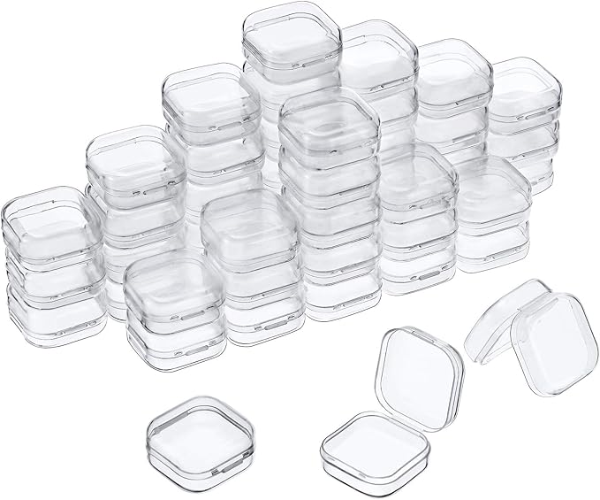 SATINIOR 48 Packs Clear Small Plastic Containers Transparent Storage Box with Hinged Lid for Small Items Crafts Jewelry (1.37 x 1.37 x 0.7 Inches)