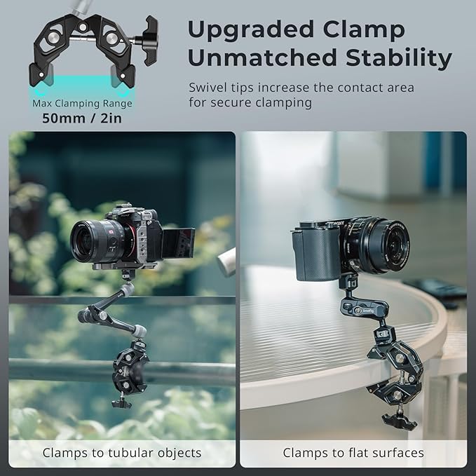 SMALLRIG Crab-Shaped Super Clamp with Swivel Tip & 1/4"-20 Expansion Holes, Max Clamping 50mm (2") for Camera Mounts, Tripod Accessories, Round Tube/Flat Surface, 5319