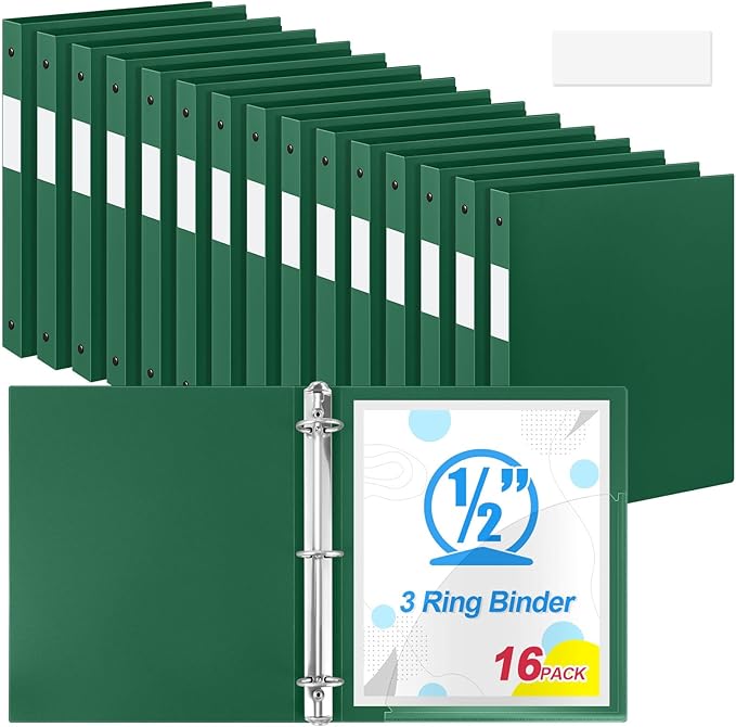 Henoyso 16 Pcs 3 Ring Binder 1/2'' Round Fits Letter Size 8.5'' x 11'' Paper Plastic Flexible Binder Holds 140 Sheets with 1 Pockets Versatile Organizer for Home Office School (Dark Green)