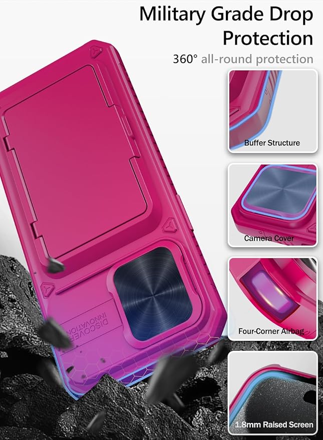 Vihibii for iPhone 15 Pro Max Wallet Case with Card Holder (4 Cards) & Slide Camera Cover & Kickstand, Raised Edges Protect Screen, Rugged Hard Back Cover for iPhone 15 Pro Max, 5G 6.7" 2023, Hot Pink