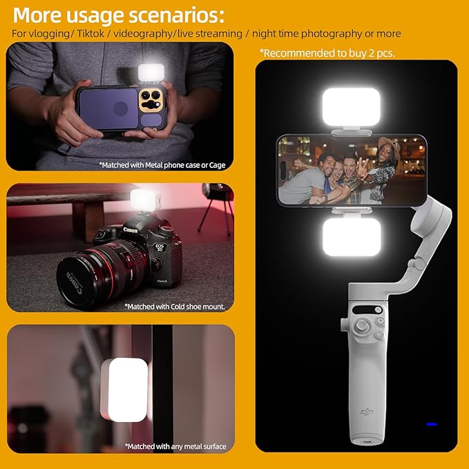 Fotorgear Universal Magnetic Selfie Light for All Smartphones & Gimbals, Slim LED Vlog Fill Light with 3 Color modes, Compatible with iPhone DJI, Insta360