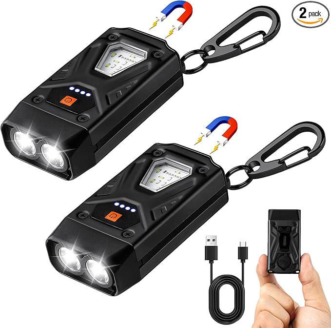 EDC Flashlight Clip-On Light, Mini Keychain Flashlight, 7 Lighting Modes Compact Pocket COB Light Type-C Rechargeable, for Working, Camping, Fishing, Hiking(Black 2 Pack)