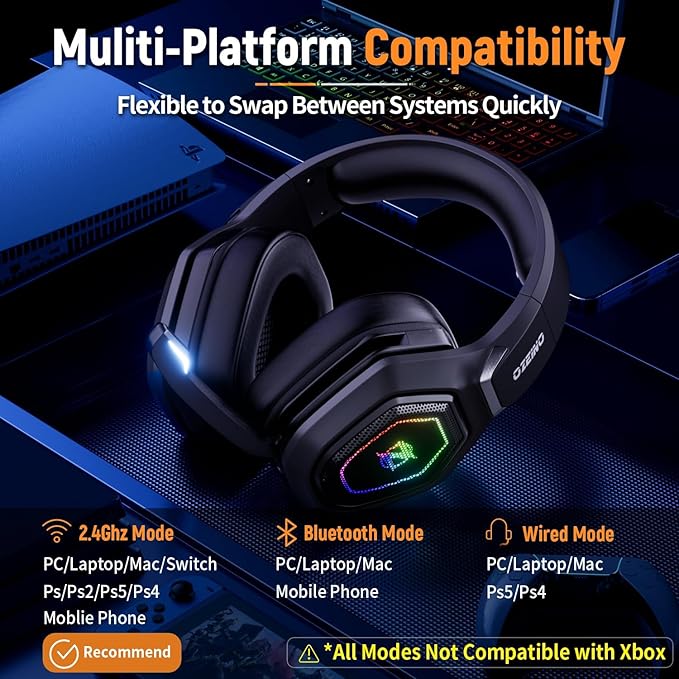 Ozeino Wireless Gaming Headset with Flip Microphone, RGB Lighting Gaming Headphones for PS5, PS4, PC - 2.4GHz USB & Type C Transmitter