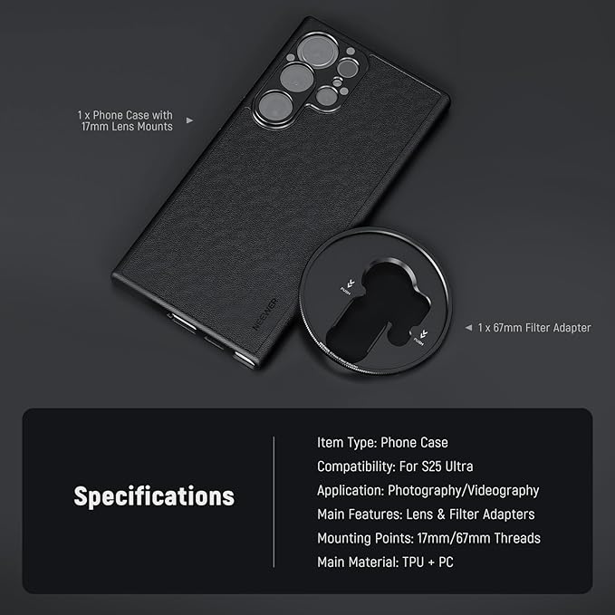 NEEWER S25 Ultra Case, Protective Faux Leather Phone Case with 17mm Lens Mounts & 67mm Filter Adapter for Video Recording, Compatible with Samsung Galaxy S25 Ultra MagSafe Charging, PA092