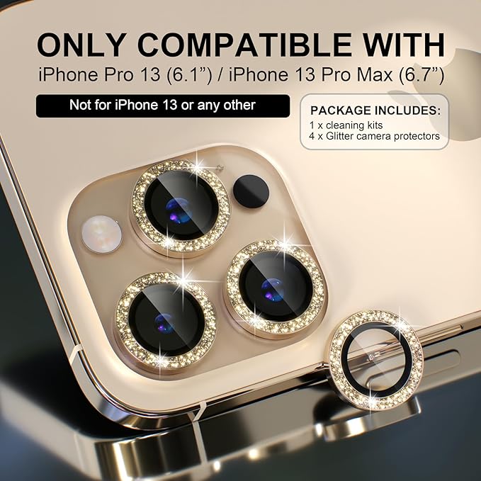 Choiche Compatible for iPhone 13 Pro/iPhone 13 Pro Max Camera Lens Protector Bling, 9H Tempered Glass Camera Cover Screen Protector Metal Ring Decoration Accessories (Glitter-Gold)