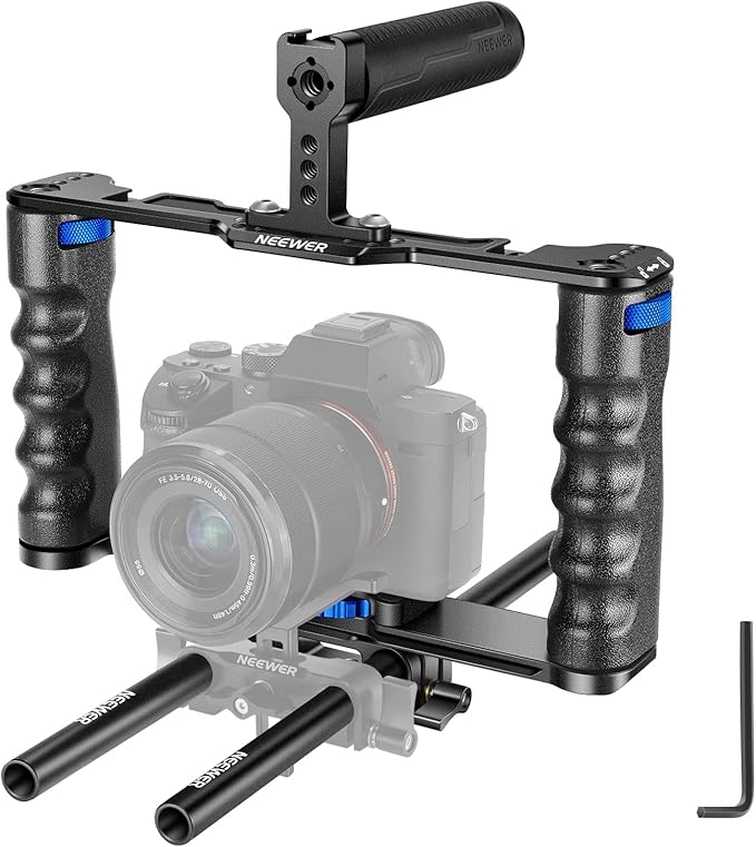 NEEWER Aluminum Alloy Camera Cage, Filmmaking Rig with Top Handle, Dual Grips & Arca Type Base, Compatible with Sony A7S III A7IV A6600 Canon EOS R5C R5 R6 DSLR/Mirrorless Cameras - VS107, Blue