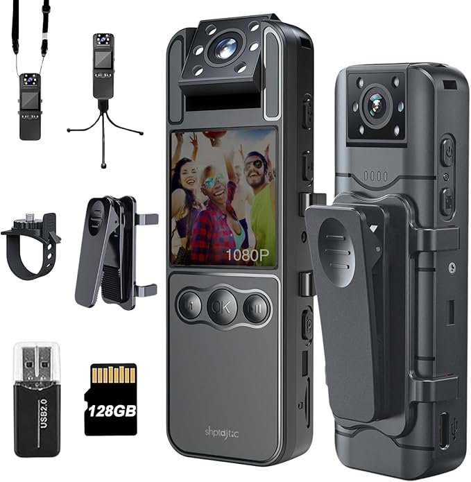 128G Body Cam with 180°Rotating Lens,Bike Camera with Audio and Video Recording,Sport Camera with 6hrs Battery,Night Vision,Wearable Cam for Pet,Office,Security Police Law Enforcement (H82-1080-128G)