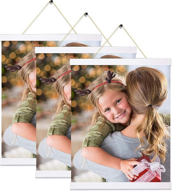 YK Artwood Picture Frame, 16 inch White Magnetic Poster Hanger, 3 Pack, for Wall Art Pictures Photos Prints Maps, Damage Free, Wide Compatibility, Wood Grain Finish