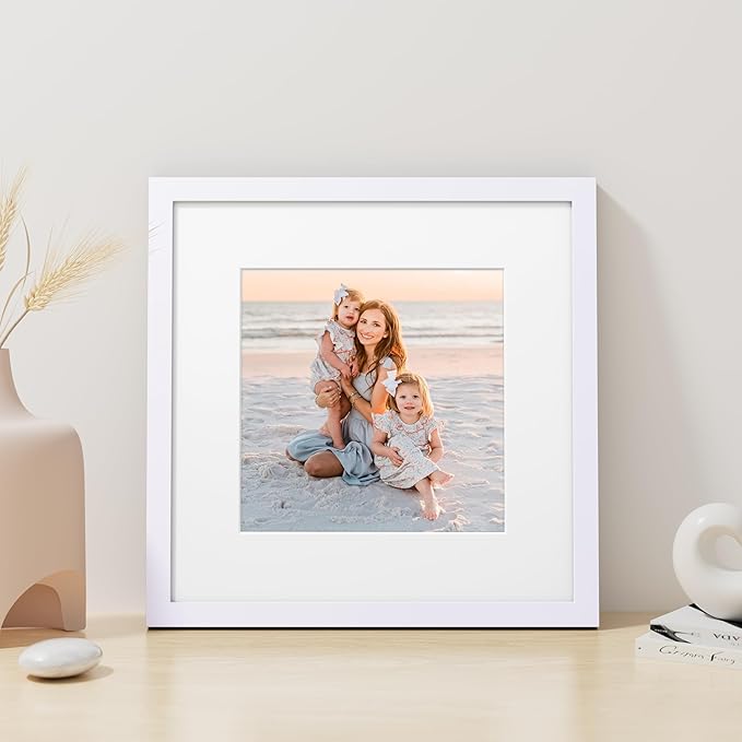 Vittanly 12x12 Picture Frame, Made of Solid Wood and Shatterproof Plexiglass, Display Pictures 8x8 with Mat or 12x12 without Mat, Wooden Photo Frame for Wall Mounting, White, 1 Pack