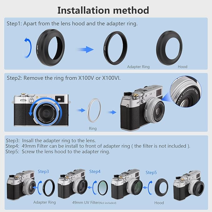 Haoge LH-X51B 2in1 All Metal Ultra-Thin Lens Hood with Adapter Ring Set for Fujifilm X100VI FinePix X100V Camera Accessories Black