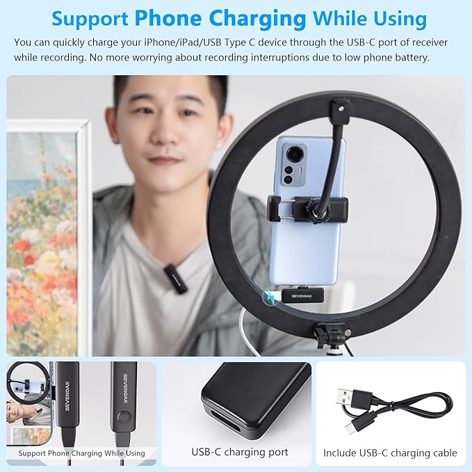 Sevenoak Wireless Lavalier Microphone for Android USB-C Phone Plug Play Type-C Mic for iPhone 15 Noise Cancellation Compact Cordless Clip on Mic for Video Recording Live Streaming Interview