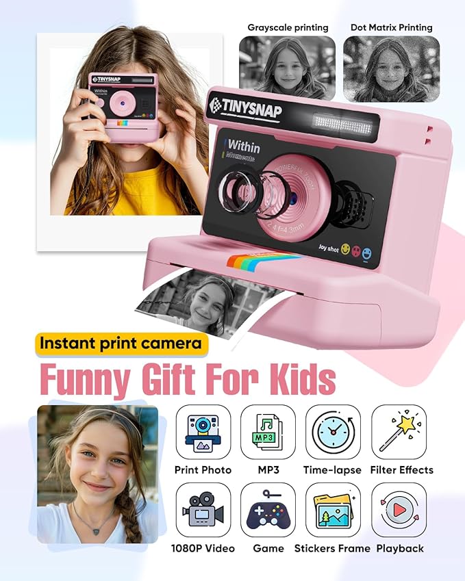 Instant Print Camera for Kids,2.4 Inch Screen Kids Instant Cameras, Christmas Birthday Gifts for Girls Age 3-12, Portable Toddler Toy for 3 4 5 6 7 8 9 10 Year Old Girls Boys (Pink)