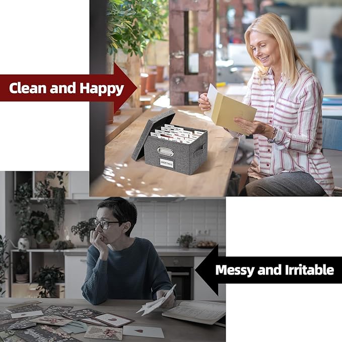 Hiwhy Greeting Card Storage Box, Linen Storage Box with 16 Adjustable Dividers, 84 Labels, 1 Marker Pen, Perfect for Organizing Greeting Cards, Envelopes, Photos 1 Pack Grey