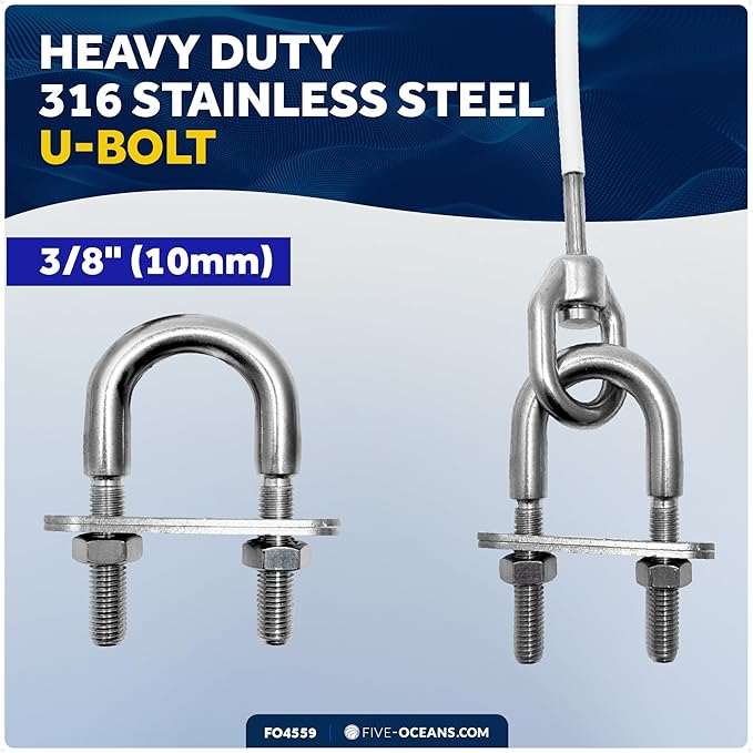 Five Oceans 12-Inch Anchor Safety Straps, Heavy Duty 7x19 PVC Coated Stainless Steel 6mm Wire Rope, Includes 5/16-Inch Carabiner Snap Hook and 3/8-Inch U-Bolt - FO4559