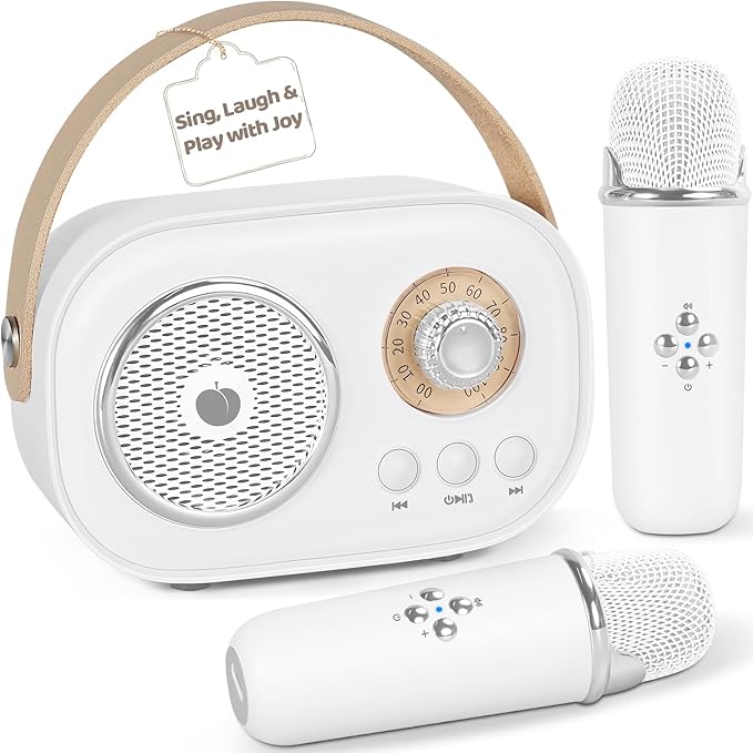 PRUNUS C20 Mini Karaoke Machine,Valentines Day Gifts for Her Him Kids Mens,Portable Bluetooth Speaker with 2 Wireless Microphone for Boys Girls 3-12+ Years Old Birthday Party White