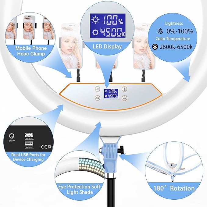 22" LED Ring Light, with 75" Tripod/LCD Display/3+1 Phone Clips/ 2 USB Ports/Wireless Remote, Adjustable 2600K-6500K Color Temperature, for YouTube Facebook Live TikTok Video Recording Vlog (Blue)