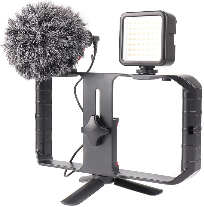 FocusFoto PRO U-Rig Smartphone Video Camera Cage Mount Holder Stabilizer Handle Grip with BOYA by-MM1 Microphone Mic+ 49 LED Light+ Mini Tripod Kit for Mobile Phone iPhone Filmmaking Videomaker