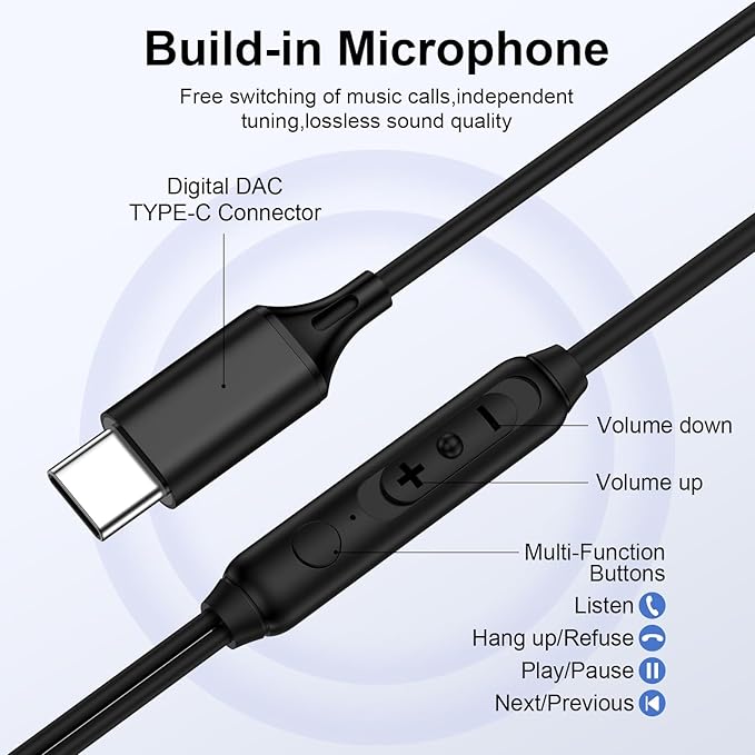 Samsung Earbuds Wired Headphones USB C for Samsung Galaxy S25 Ultra S25 FE A36 A17 5G A16 A56 A35 S24 FE S23 Plus,Wired Earphones USBC Earbuds with Microphone for iPhone 17 Pro Max Air 16e 16Plus 15