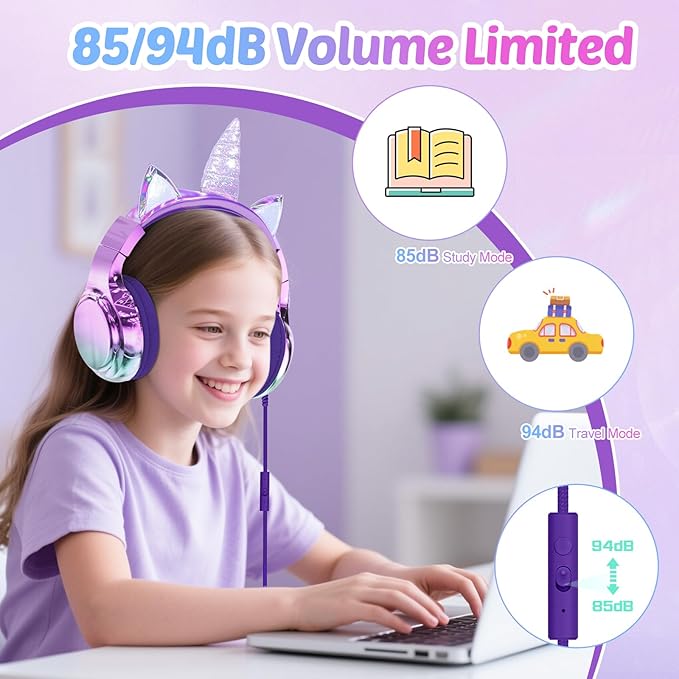 QearFun Kids Unicorn Headphones with USB C for Girls with Microphone, 85/94dB Safe Volume Limiter, Tangle-Free Cord, Share Port, Foldable Sparkly Wired Headset for School, Travel, Tablet, iPad