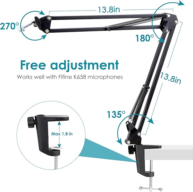 Microphone Boom Arm with Cable Management – Adjustable Scissor Mic Stand Compatible with Fifine K669B/K670/K683A/K658/K688, AmpliGame A6V/A8, AM8 & Other USB/XLR Microphones by YOUSHARES