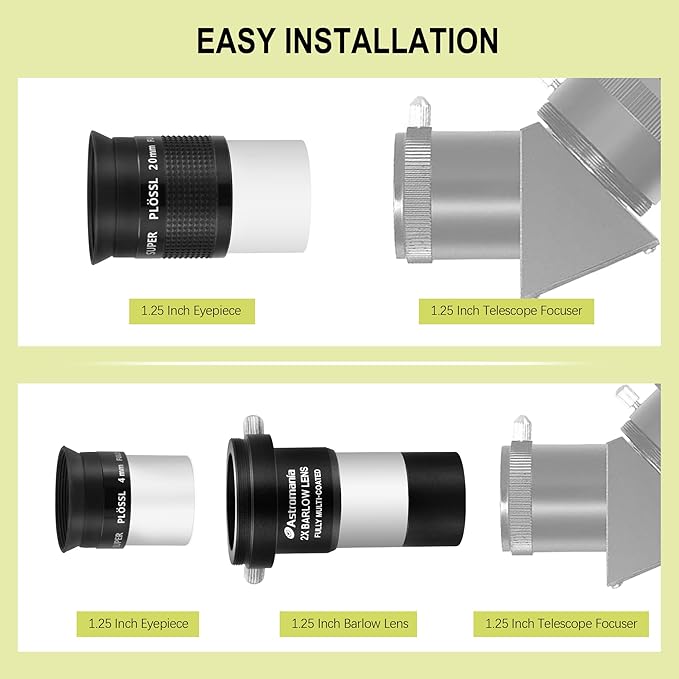 Astromania Telescope Accessory Kit with 1.25 Inch Telescope Eyepiece Set 4mm 12.5mm 20mm 52 Degree Super Plossl Eyepiece Lens and 1.25 Inch 2X Barlow Lens with T Thread Fully Multi Coated Metal