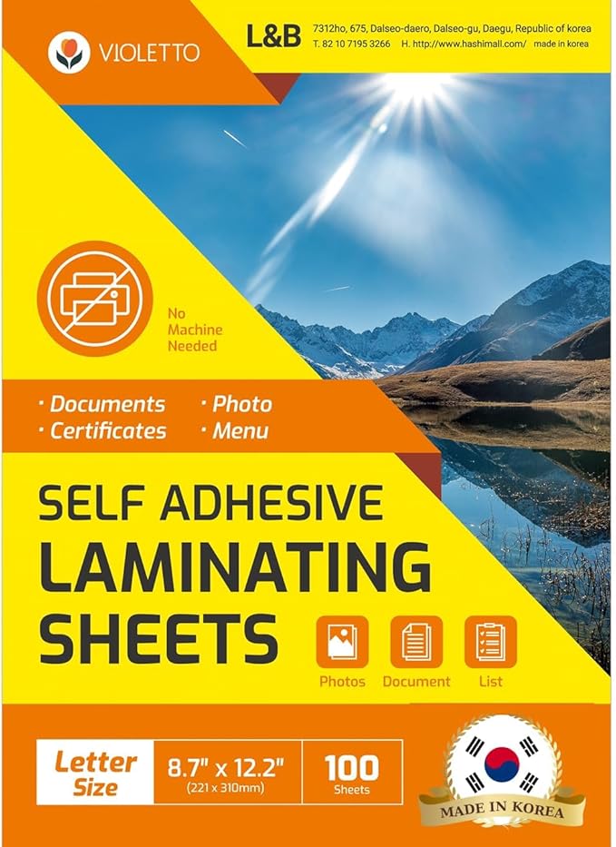 [VIOLETTO] 100 Sheets - Self Adhesive Laminating Sheets for Ultimate Protection. No Machines Needed, 4 Mil Thickness, 8.5 x 11 Inches. Effortless, Durable & Perfect for Documents & Photos.
