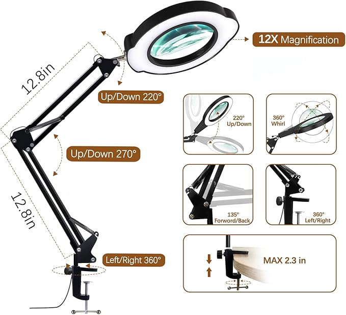 VUEJIC 12X Magnifying Glass with Light and Clamp, Magnifier with Light Hands Free,84 LEDs Real Glass Lens Magnifying Lamp for Close Work, Repair, Reading, Craft (Black 2)