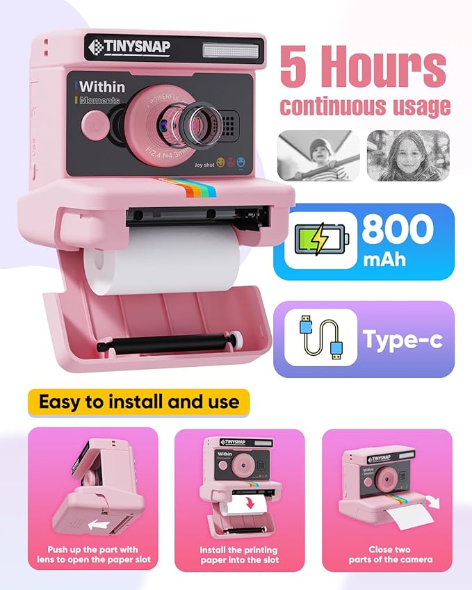 Instant Print Camera for Kids,2.4 Inch Screen Kids Instant Cameras, Christmas Birthday Gifts for Girls Age 3-12, Portable Toddler Toy for 3 4 5 6 7 8 9 10 Year Old Girls Boys (Pink)