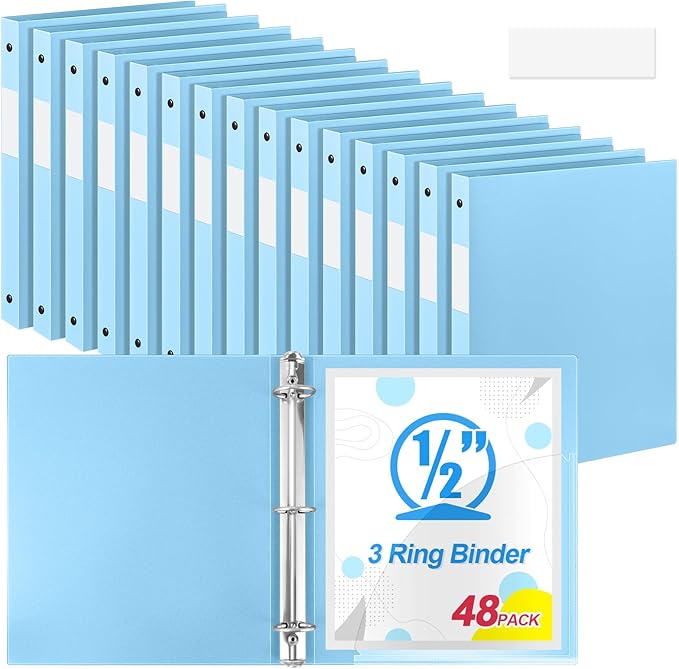 Henoyso 48 Pcs 3 Ring Binder 1/2'' Round Fits Letter Size 8.5'' x 11'' Paper Plastic Flexible Binder Holds 140 Sheets with 1 Pockets Versatile Organizer for Home Office School (Light Blue)