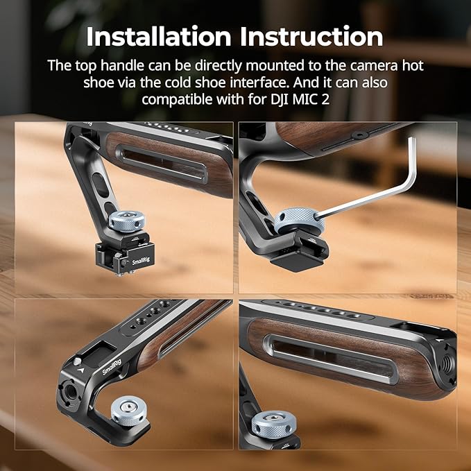 SmallRig Wooden Top Handle with Cold Shoe Mount, Lightweight Wooden Top Handle for Camera Cage, Load Capacity up to 10kg / 22lb, 3/8"-16 Locating Holes for ARRI & 1/4''-20 Threaded Holes - 5250