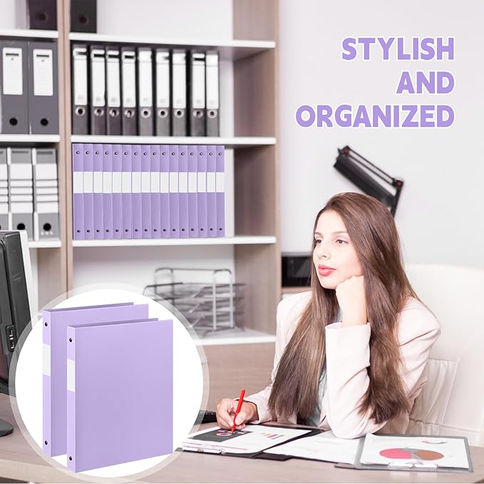 Henoyso 16 Pcs 3 Ring Binder 1/2'' Round Fits Letter Size 8.5'' x 11'' Paper Plastic Flexible Binder Holds 140 Sheets with 1 Pockets Versatile Organizer for Home Office School (Light Purple)