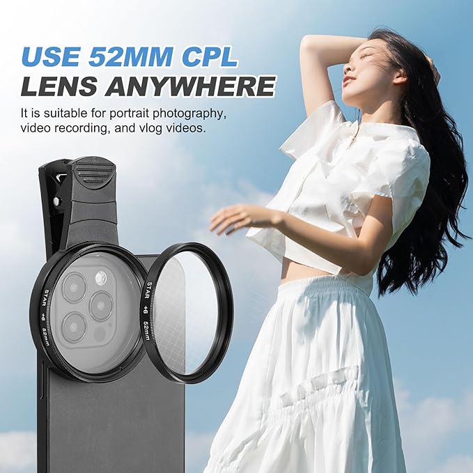 PATIKIL 52mm Phone Camera Lens, Clip-On 6 Point Star Filter Circular Polarizing Lens for Most Smart Phones and DSLR Cameras, Black