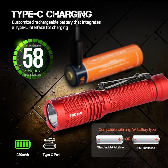 ACEBEAM TAC AA 2.0 Longest-Range AA Flashlight 360 Meters, 900 High Lumens Tactical EDC Flashlight Rechargeable, 6 Modes Pocket LED Flashlight, Super Bright Small Mini Flashlight, Red Color