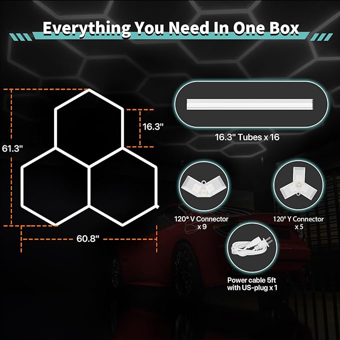 Hexagon Garage Lights 105W 12600LM, 6500K Ultra-Bright Hexagon LED Lights for Garage, 3 Grid Systems Honeycomb Hex Light for Workshop, Basement, Car Detailing, Gaming Room
