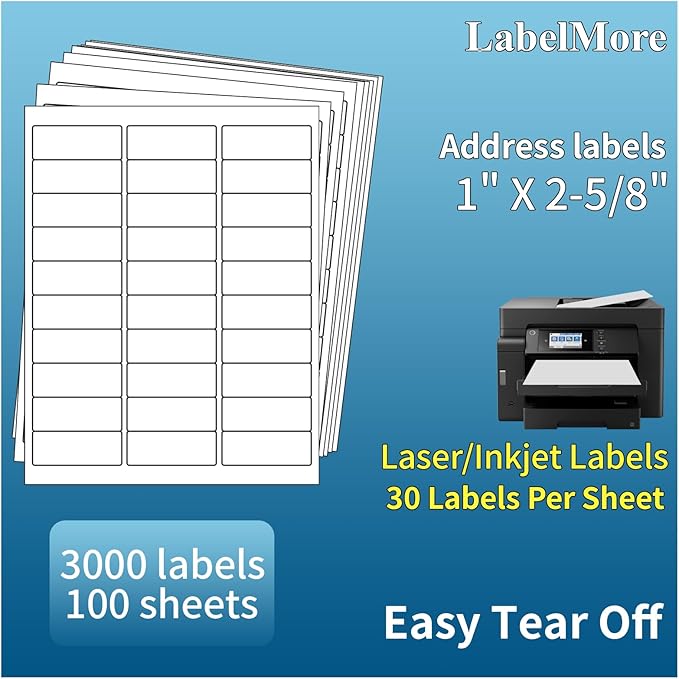 1" X 2-5/8" Address Labels 30 Per Sheet Sticker Paper for Laser and Inkjet Printers, 8.5"×11" White- 3000 Labels
